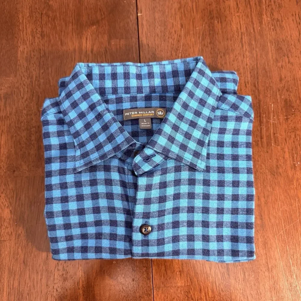 Peter Millar Summer Comfort Flannel Blue Gray Gingham Style Men's Size Large‎